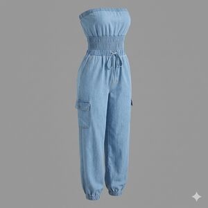 Blush Light Blue Strapless Denim Jumpsuit